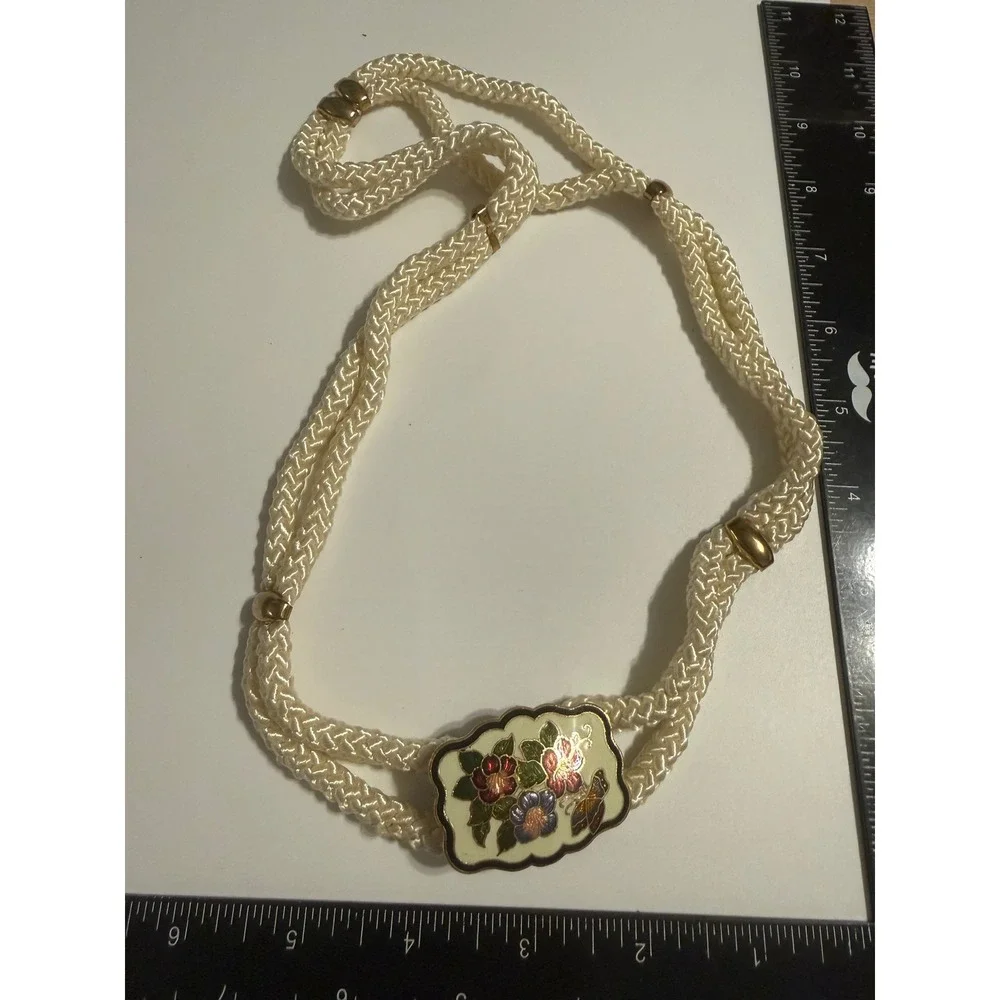 Vintage Cloisonne Enamel Floral Butterfly Braided Cord Belt Cream Gold Tone 40in